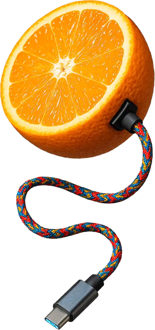 Media naranja unida a un cable USB-C trenzado multicolor, imagen generada con IA Copilot para la campaña “Amor Cítrico” de Miguel Santacruz.