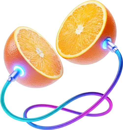 Naranja partida con cables USB‑C conectados, generada por IA Gemini.